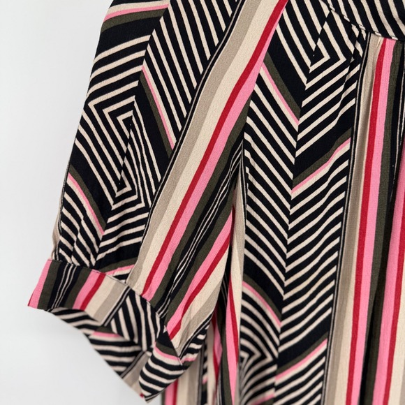 Anthropologie Geometric Stripe Mock Neck Midi Dress Black Pink Tan Short Sleeve - Picture 3 of 7